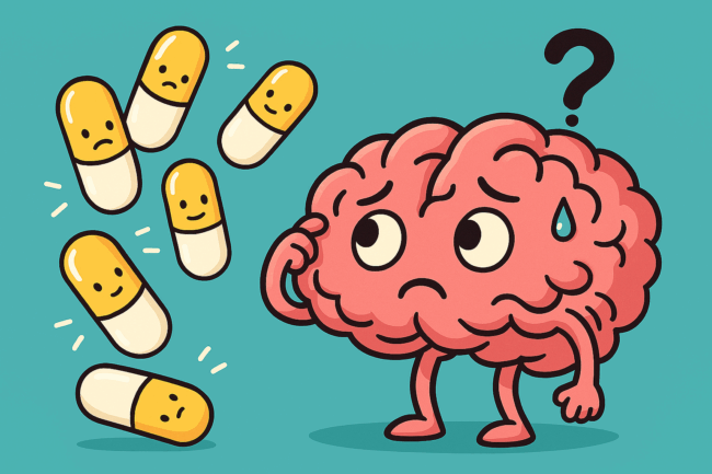 Illustration humoristique d’un cerveau confus entouré de probiotiques aux visages différents