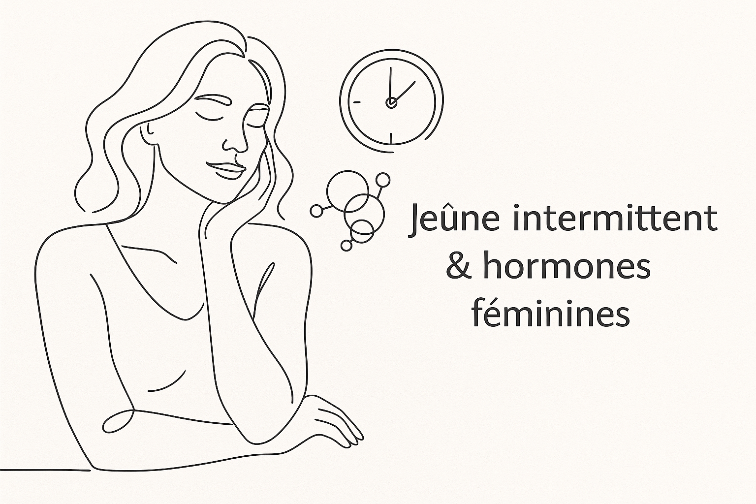 Illustration au trait d'une femme de 45 ans avec une horloge, représentant le lien entre jeûne intermittent et équilibre hormonal