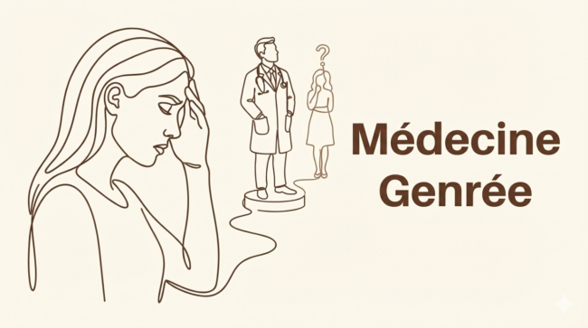 Illustration d'une femme ignorée lors d'une consultation médicale, symbolisant la médecine genrée.